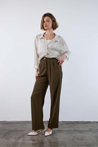nidistore Khaki Pleated Palazzo Trousers with Elastic Back