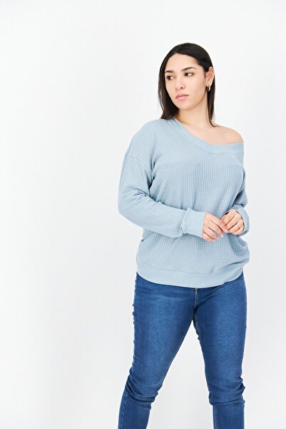 Marc New York Women Asymmetrical Neck Long Sleeves Textured Sweater, Steel Blue