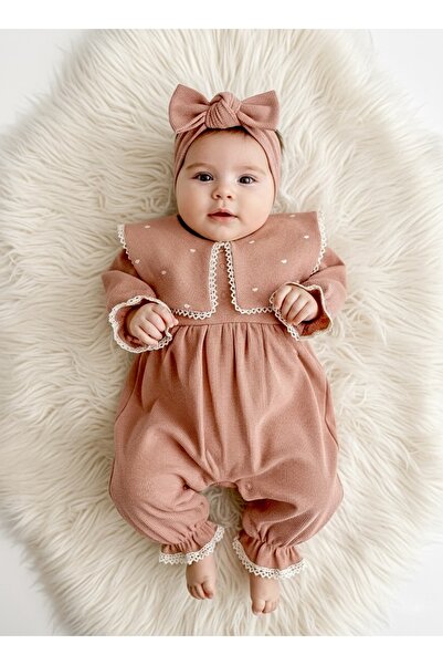 Jammybaby Maita Tulum Kare Mendil Yakalı Kalp Nakışlı Waffle %100 Pamuk Tulum ve Bandana Takım