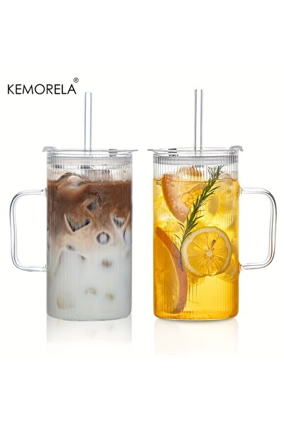 Choice 740 مل، قطعتان من كوب KEMORELA الزجاجي المضلع الكبير سعة 740 مل مع مقب...