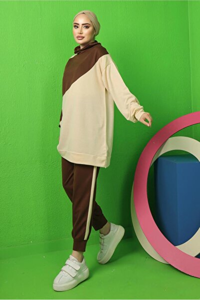 TRENDTESETTÜR WOMEN'S BROWN COLOR BLOCKED TRACKPANTS SUIT T 3043