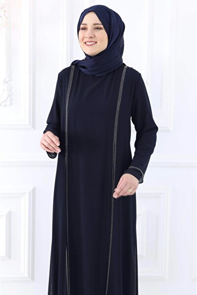 TRENDTESETTÜR WOMEN'S NAVY BLUE STONE DETAILED EVENING DRESS T 0921