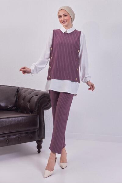 TRENDTESETTÜR Ροζ αποξηραμένο τριαντάφυλλο ριγέ κοστούμι με τρία γιλέκα - T 5443