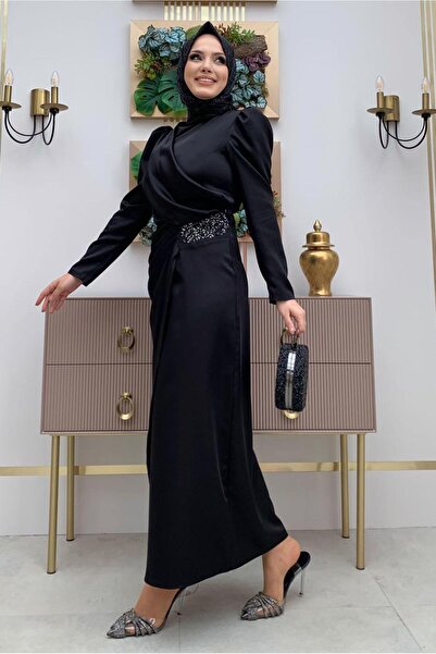 TRENDTESETTÜR Γυναικείο βραδινό φόρεμα με κορδόνι μαύρη πέτρα - T 6873