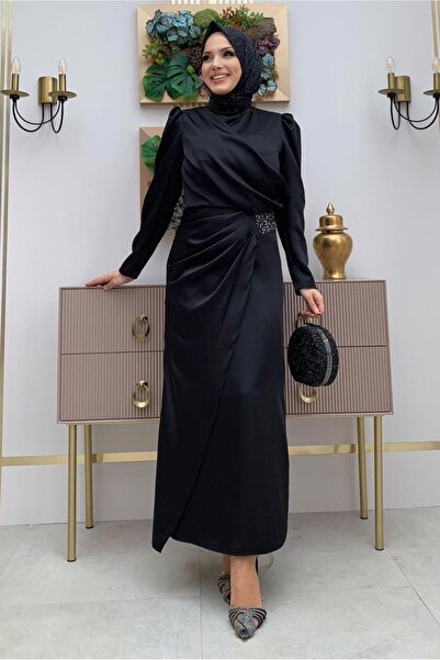 TRENDTESETTÜR Γυναικείο βραδινό φόρεμα με κορδόνι μαύρη πέτρα - T 6873