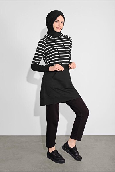 TRENDTESETTÜR Women's Black (BLACK-CREAM) Hooded Striped Tracksuit Suit 1055