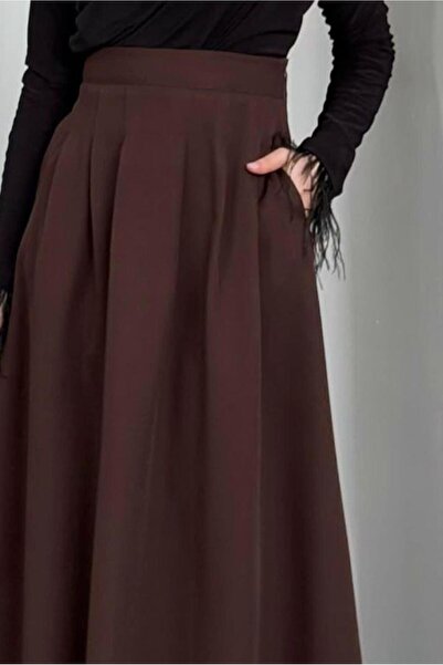 TRENDTESETTÜR Women's Brown Pleated Pocket Skirt t 2126