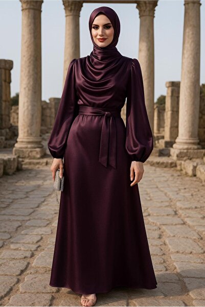 TRENDTESETTÜR Women's Bordo Degaje Collar Evening Dress t 9116