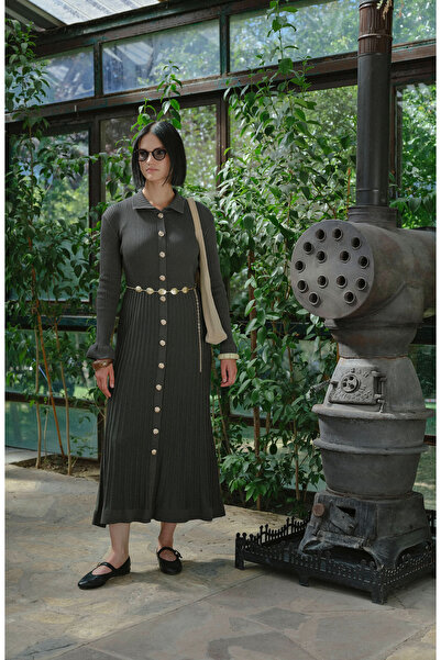 Fatma Atasoy Gold Düğmeli Haki Fitilli Merserize Triko Elbise