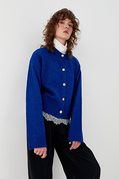 MARKALİSTE Gold Buttoned Knitwear Cardigan Saks Blue