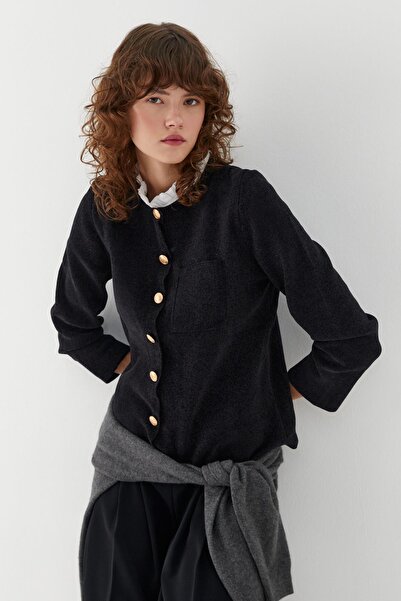 MARKALİSTE Shirt Collar Single Pocket Cardigan Black