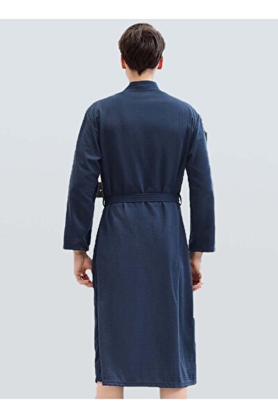 Bukela Men's Waffle Weave Kimono Spa Bathrobe, Navy Blue, Size XL