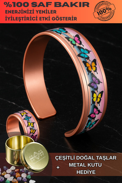 OSMANLI GÜMÜŞ Kadın Bakır Bileklik Yüzük Set - Butterfly Model Özel Baskı Met...