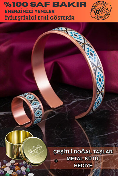 OSMANLI GÜMÜŞ Women's Copper Bracelet Ring Set - Eyes Model Special Edition Metal Box and Quartz Stone