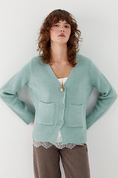 MARKALİSTE Pocket Detailed V-Neck Knitwear Cardigan Mint