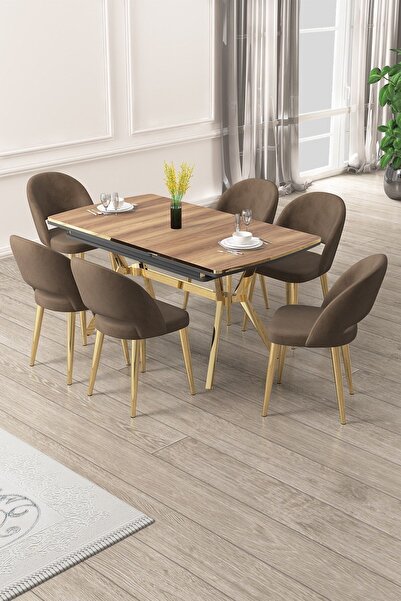 Canisa Weps Serisi 89x150 Açılabilir Lak Panel Hazar Masa Takımı 6 Kahve Sandalye