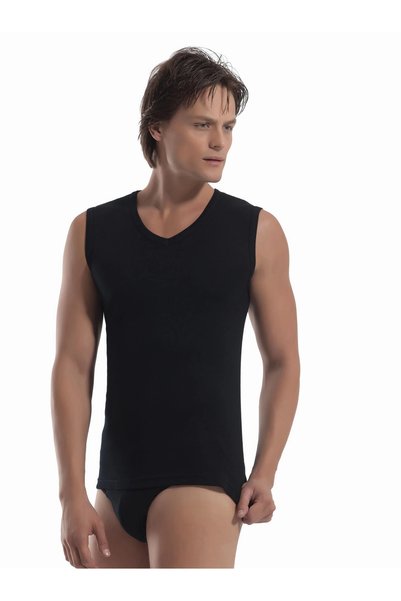 Öztaş Underwear Men's Black V-Neck Sleeveless Undershirt 1057m