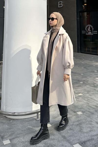 lamelif Beige Balloon Sleeve Knitted Cashew Coat