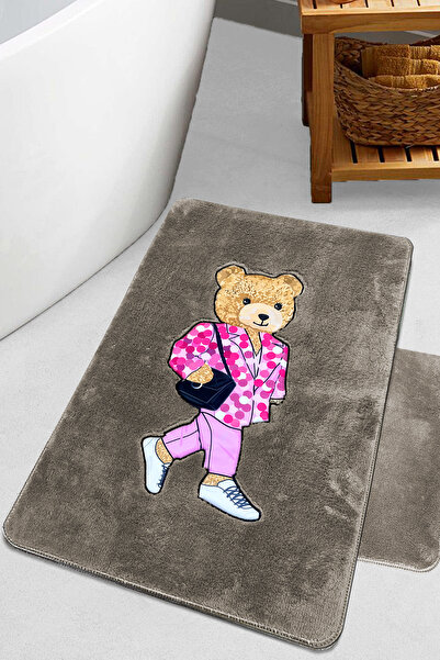 Chilai Home Boss Bear Stone 2-Piece Embroidered Bath Mat, Non-Slip Base 60X100 50X60 Cm