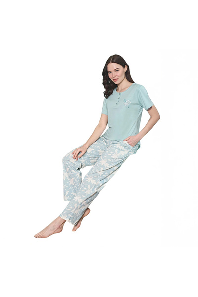 Over Sleep by Poleren Over Sleep 1859 Kadın Kısa Kol Uzun Alt Yazlık Modal Pi...