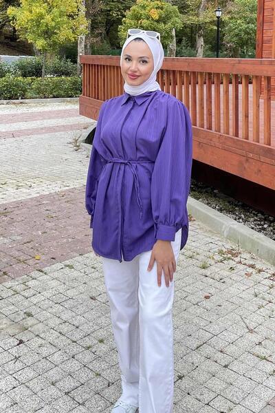 lamelif Hidden Button Closure Tunic Shirt Purple
