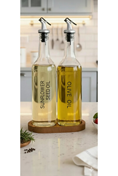 BÜYÜLÜ HOME Ahşap Stantlı 2 Li Cam 750 Ml Zeytinyağı Ayçiçek Yağı Şişesi Şeffaf
