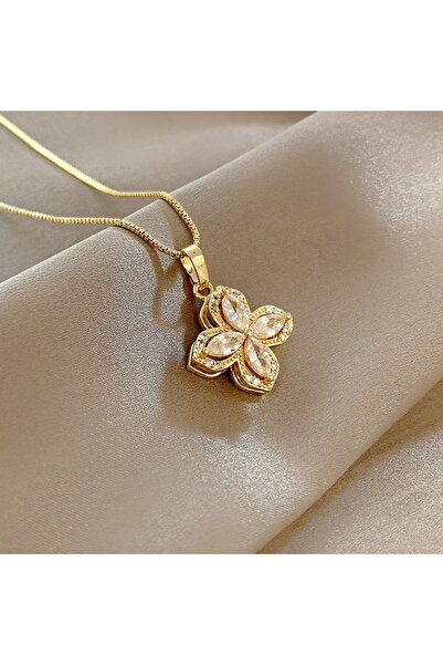 Polly Set bijuterii trifoi norocos, placate cu aur de 18 K, cu pandantiv rotativ si strasuri