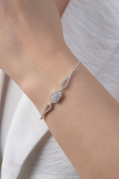 Elika Silver 925 Ayar Gümüş Rodyumlu Zirkon Baget Taşlı Model Bileklik