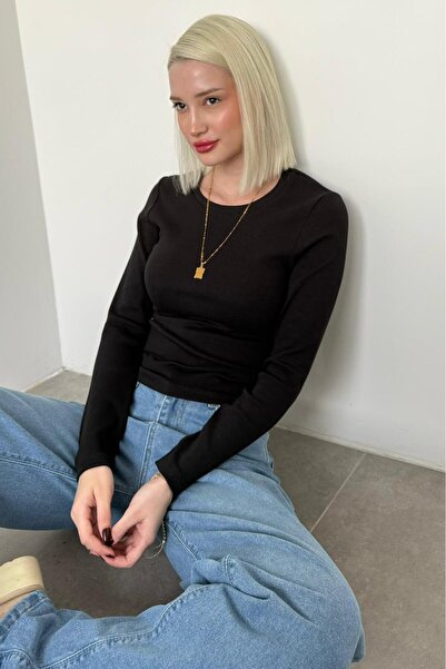 Madmext Black Crew Neck Slim Fit Women's Bodysuit Mg2564