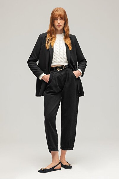 Saade Černá dámská jednořadá tkaná bunda s dvouřadým zapínáním - s páskem