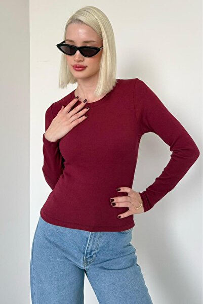 Madmext Burgundy Crew Neck Slim Fit Women's Bodysuit Mg2564