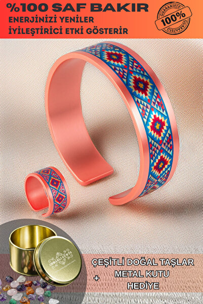 OSMANLI GÜMÜŞ Women's Copper Bracelet Ring Set - Dolores Model Special Edition Metal Box and Quartz Stone