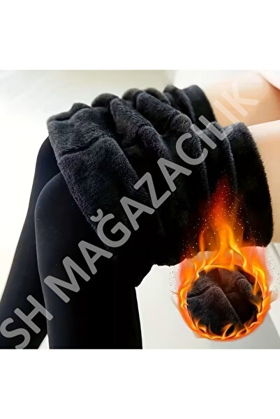 Sh Mağazacılık Unisex Thick Winter Tall Waist Inside Plush Black Thermal Warm Leggings