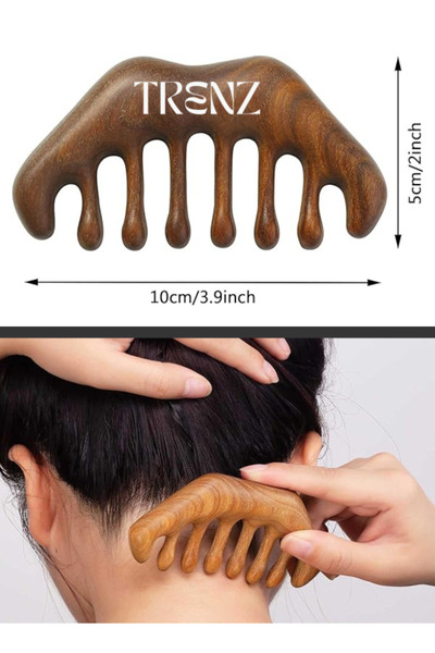 TRENZ مشط تدليك فروة الراس واسع الأسنان من الخشب الطبيعي من ترنز