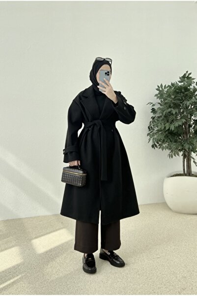 Kiremit Casual Model Low Sleeve Double-Breasted Belted Epaulet Detailed Cashm...