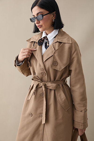InStyle Çift Kapaklı Kuşaklı Sütlü Kahve Trençkot