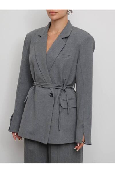 Zey Studio Γυναικείο γκρι μπλέιζερ με ένα κουμπί με λεπτομέρεια άνοιγμα κορδέλας