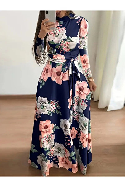 ARONA MDB Жіноча довга сукня з круглим коміром, поясом на талії та візерунком