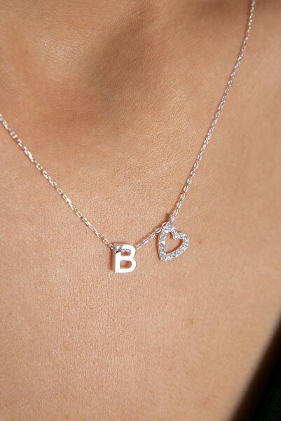 Elika Silver Harfli Kalp Model 925 Ayar Gümüş Kolye / Baş Harf Kolyesi