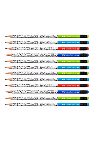 Faber Castell Caligraphy Desenli Silgili Yuvarlak HB Kurşun Kalem - 12 Adet