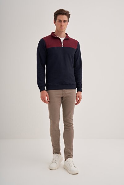 Cazador Slim Fit Dik Yaka Pıtırcık ve Düz Kumaş Kombinli Selanik Sweatshirt