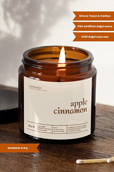 Luminolier Elma & Tarçın Kokulu Mum - %100 Doğal Soya Mumu Amber Kavanoz Arom...
