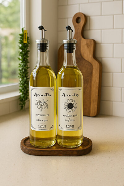 Amentes Ahşap Standlı 2'li Yağ ve Sirke Şişesi 750 ml Zeytinyağ Sıvıyağ Şişesi Şeffaf Yağdanlık Yağlık