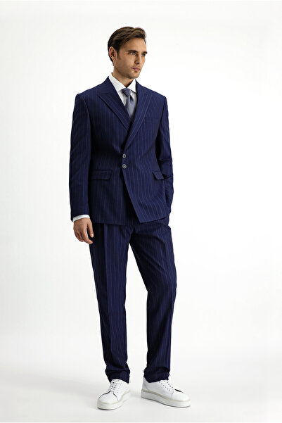 Kiğılı Slim Fit Dar Kesim Çizgili İtalyan Kesim Kruvaze Takım Elbise