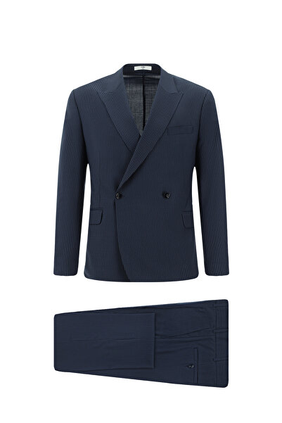 Kiğılı Slim Fit Dar Kesim Yünlü Çizgili Beli Lastikli İpli Kruvaze Takım Elbise