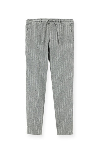 Kiğılı Slim Fit Dar Kesim Yünlü Beli Lastikli İpli Çizgili Klasik Kumaş Pantolon