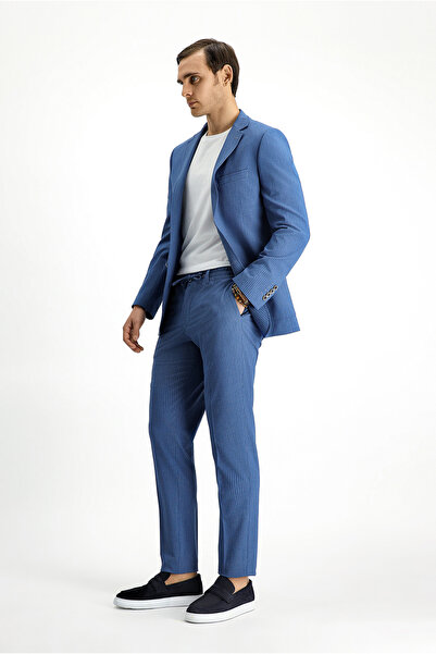 Kiğılı Super Slim Fit Ekstra Dar Kesim Çizgili Beli Lastikli İpli Gofre Takım Elbise