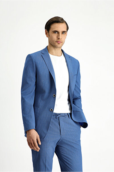 Kiğılı Super Slim Fit Ekstra Dar Kesim Çizgili Beli Lastikli İpli Gofre Takım Elbise