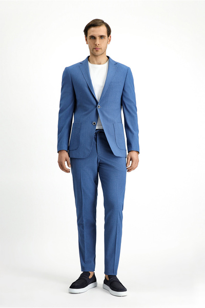 Kiğılı Super Slim Fit Ekstra Dar Kesim Çizgili Beli Lastikli İpli Gofre Takım Elbise