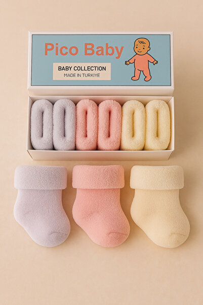 Pico Baby Havlu Kışlık Kız Bebek Çorabı / 3'lü Kutulu / Premium / Yeni Doğan